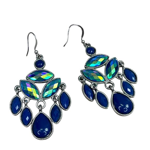 Chandelier Earrings Blue Iridescent Rhinestone Peacock Silver Tone Dangle Boho - Picture 1 of 7